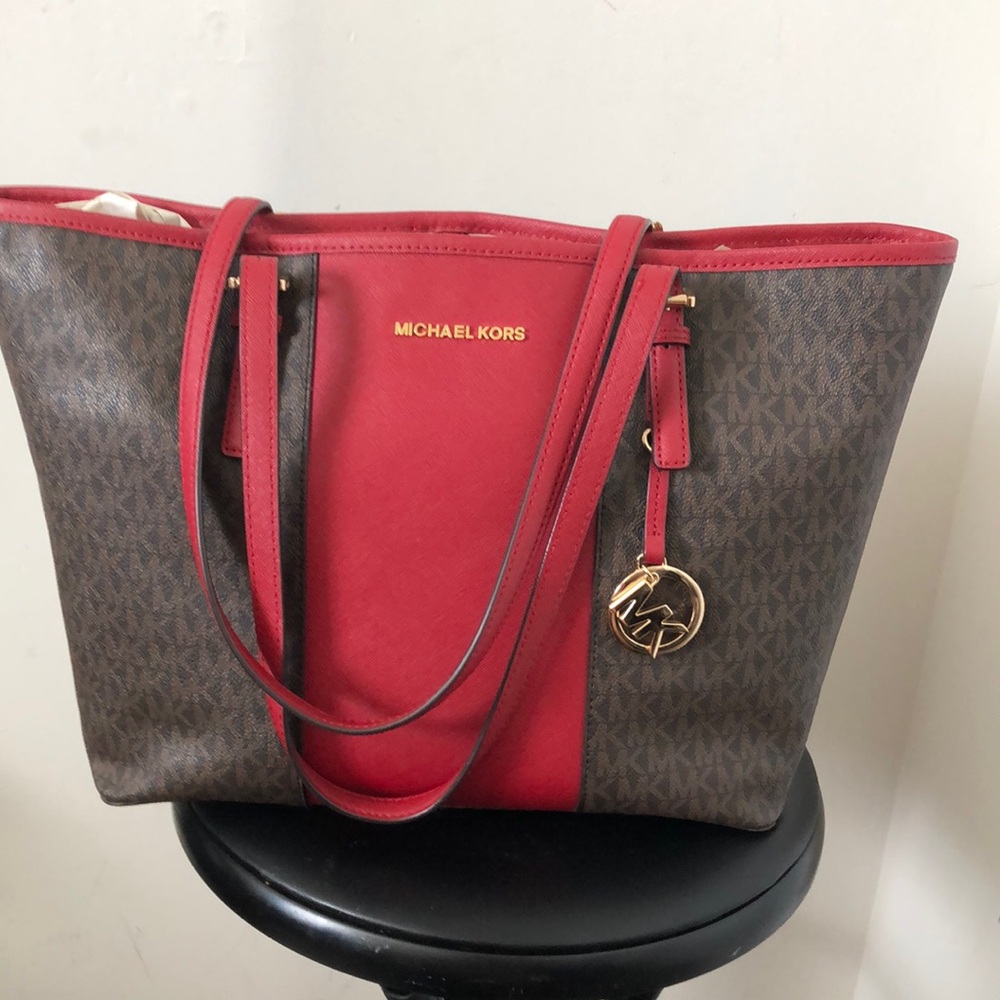 Michael Kors Red and Brown Signature Tote with Gold Charm